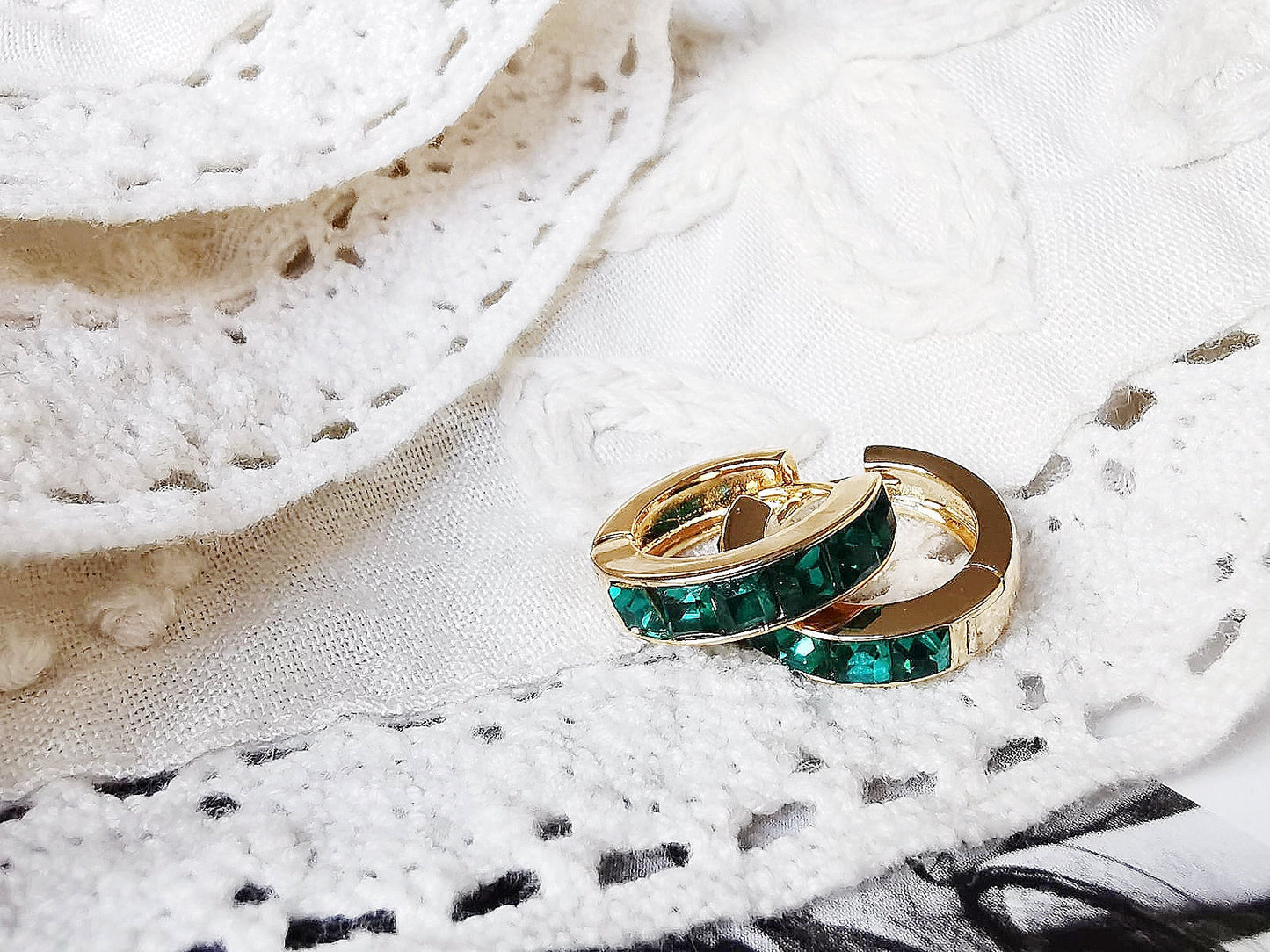 Gold May Birthstone Earrings: Swarovski Emerald Crystal Hoops, Minimalist Huggies for Everyday Wear