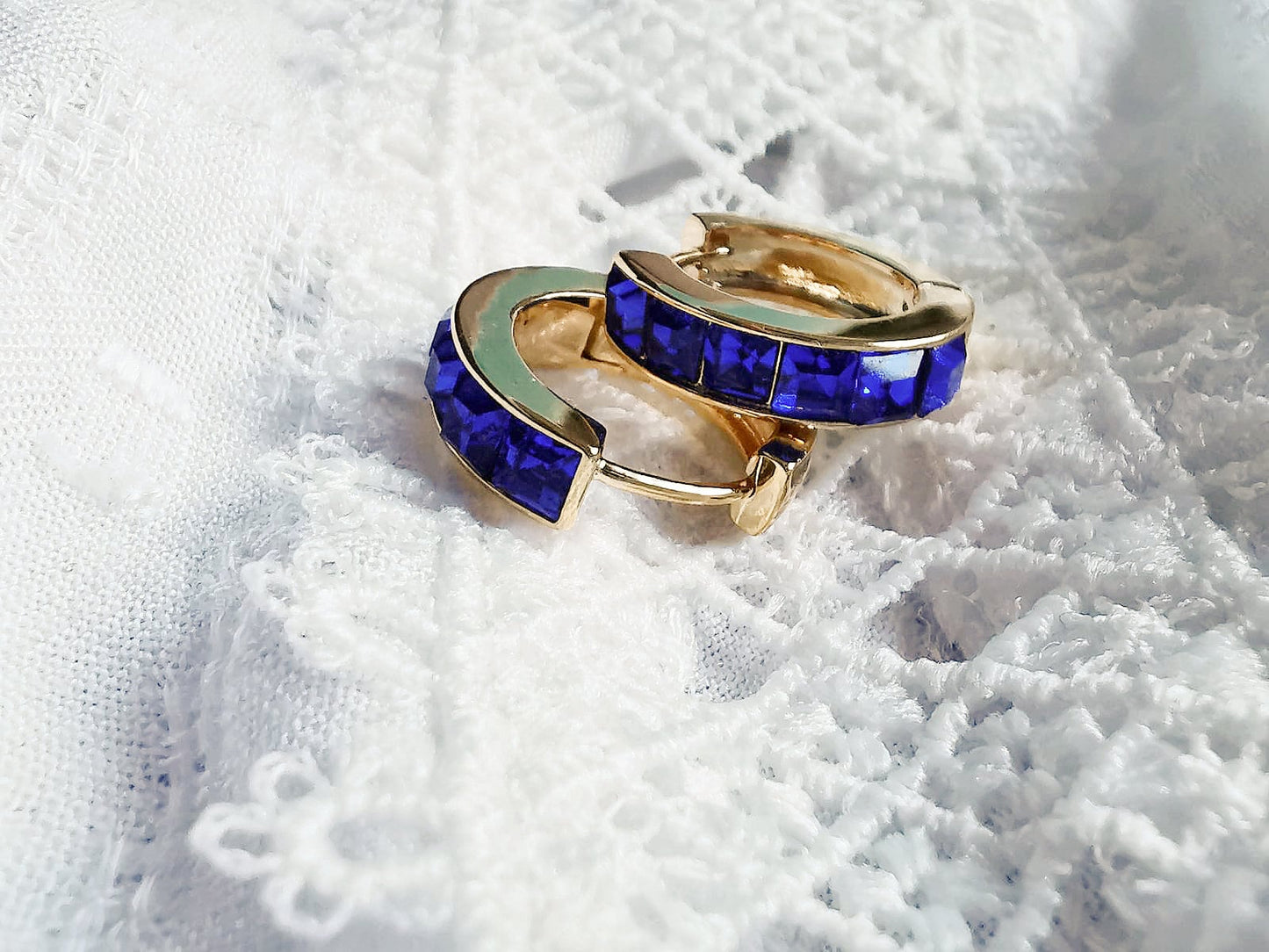 September Birthstone Hoops Earrings: CZ Crystal Gold Sapphire Huggies, Minimalist Jewellery for Woman
