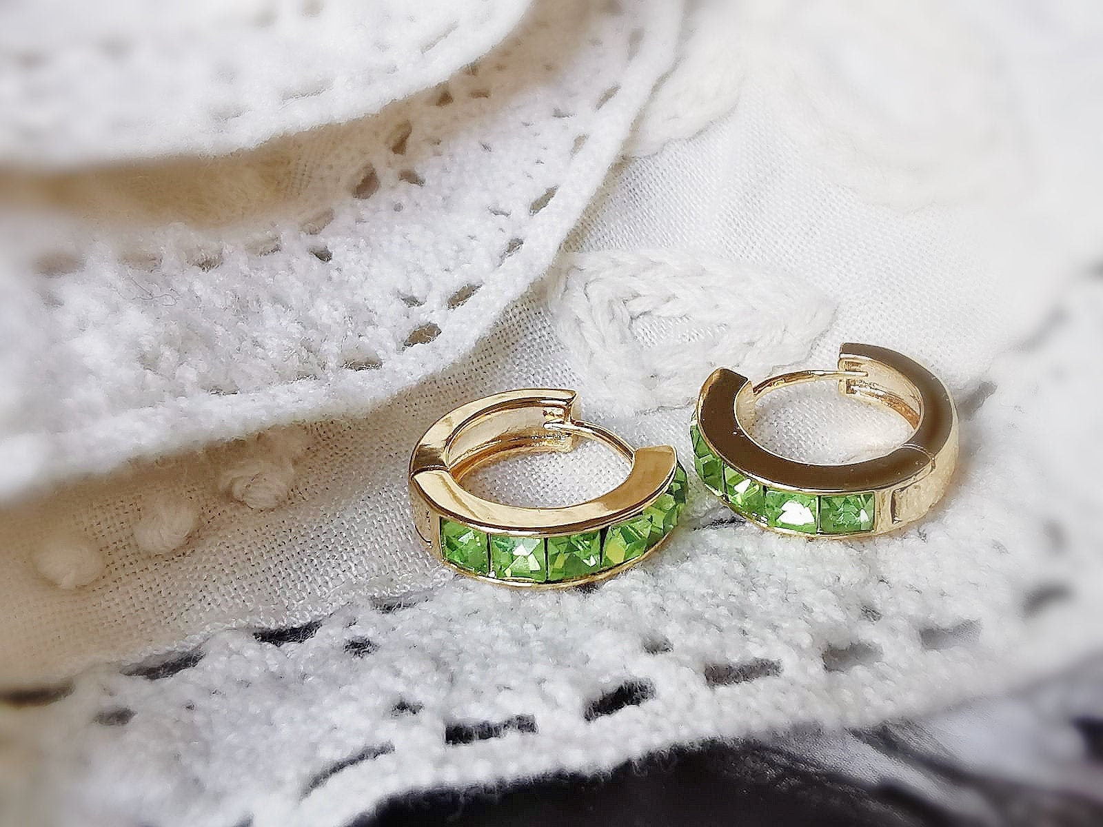 August Birthstone Earrings: Peridot Swarovski Crystal Hoops, 18ct Gold Plated Huggies for Woman