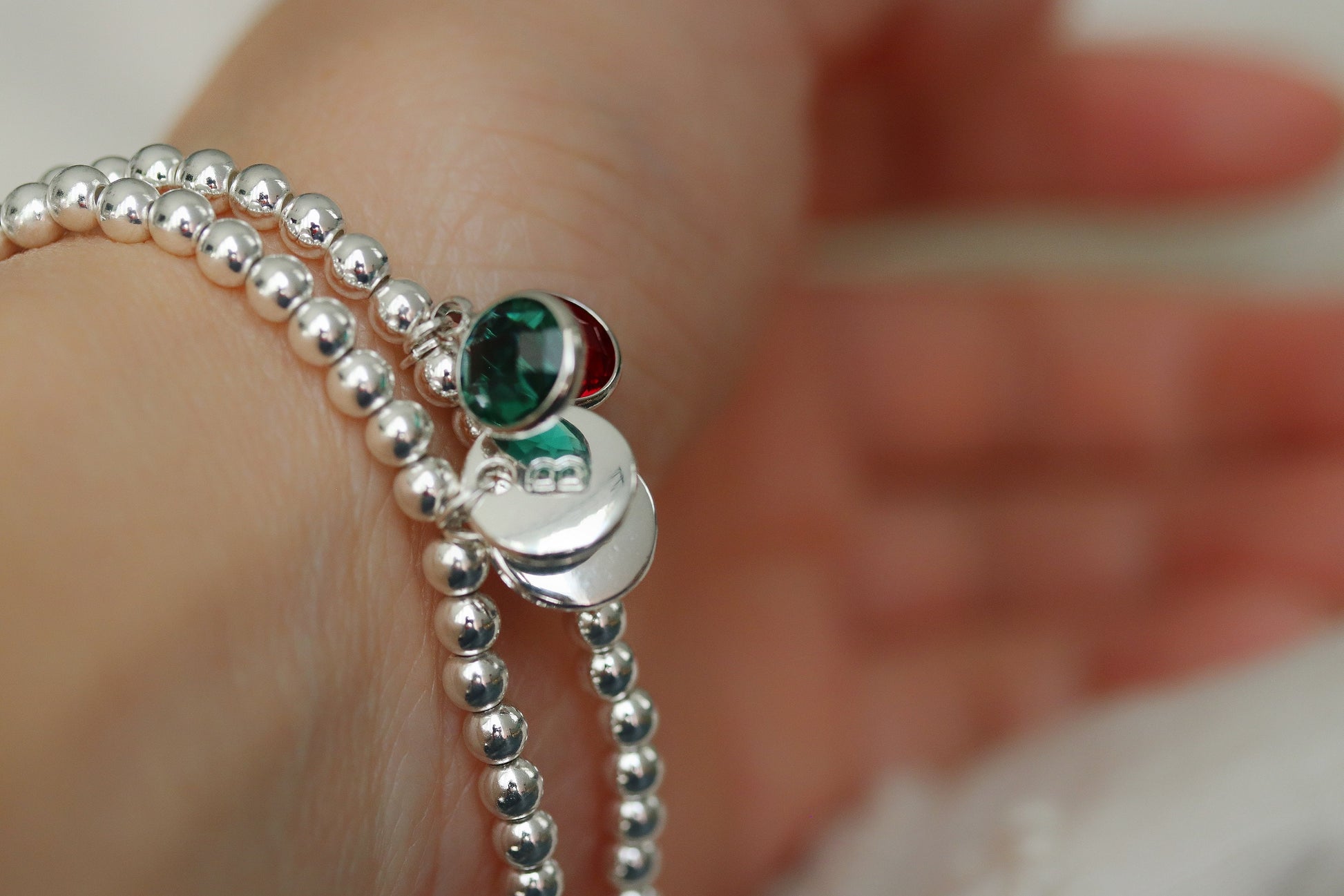 Custom Birthstone Bracelet – Silver Plated Beaded Bangle with Initial Charm Gift for Women for Christmas