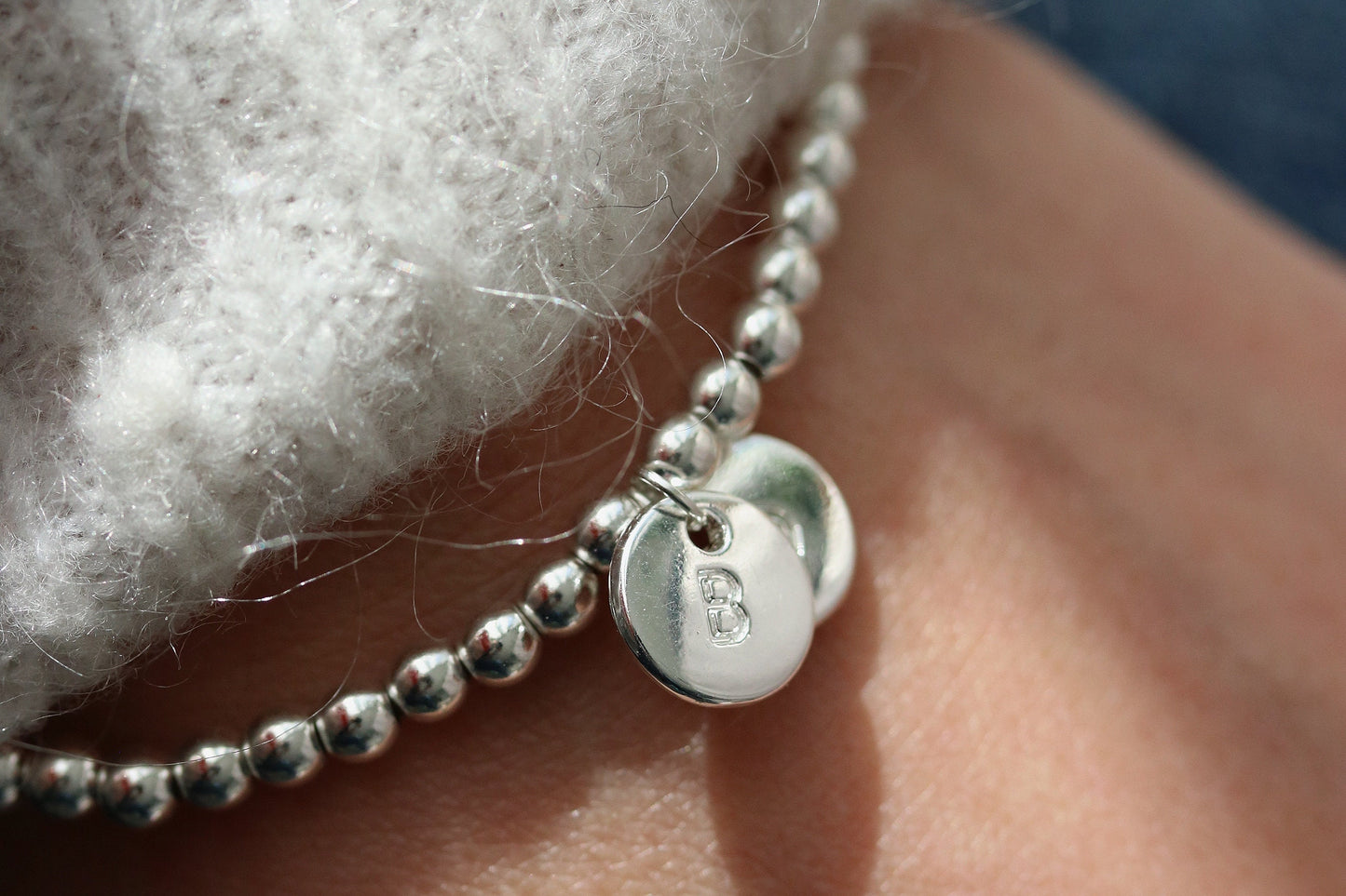 Custom Birthstone Bracelet – Silver Plated Beaded Bangle with Initial Charm Gift for Women for Christmas