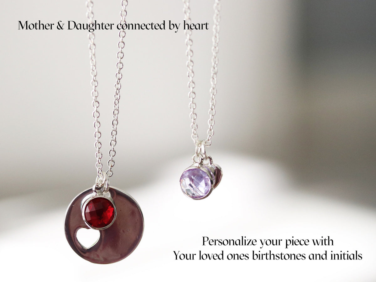 Mother Daughter Necklace Set: Sterling Silver Initial Birthstone Charm