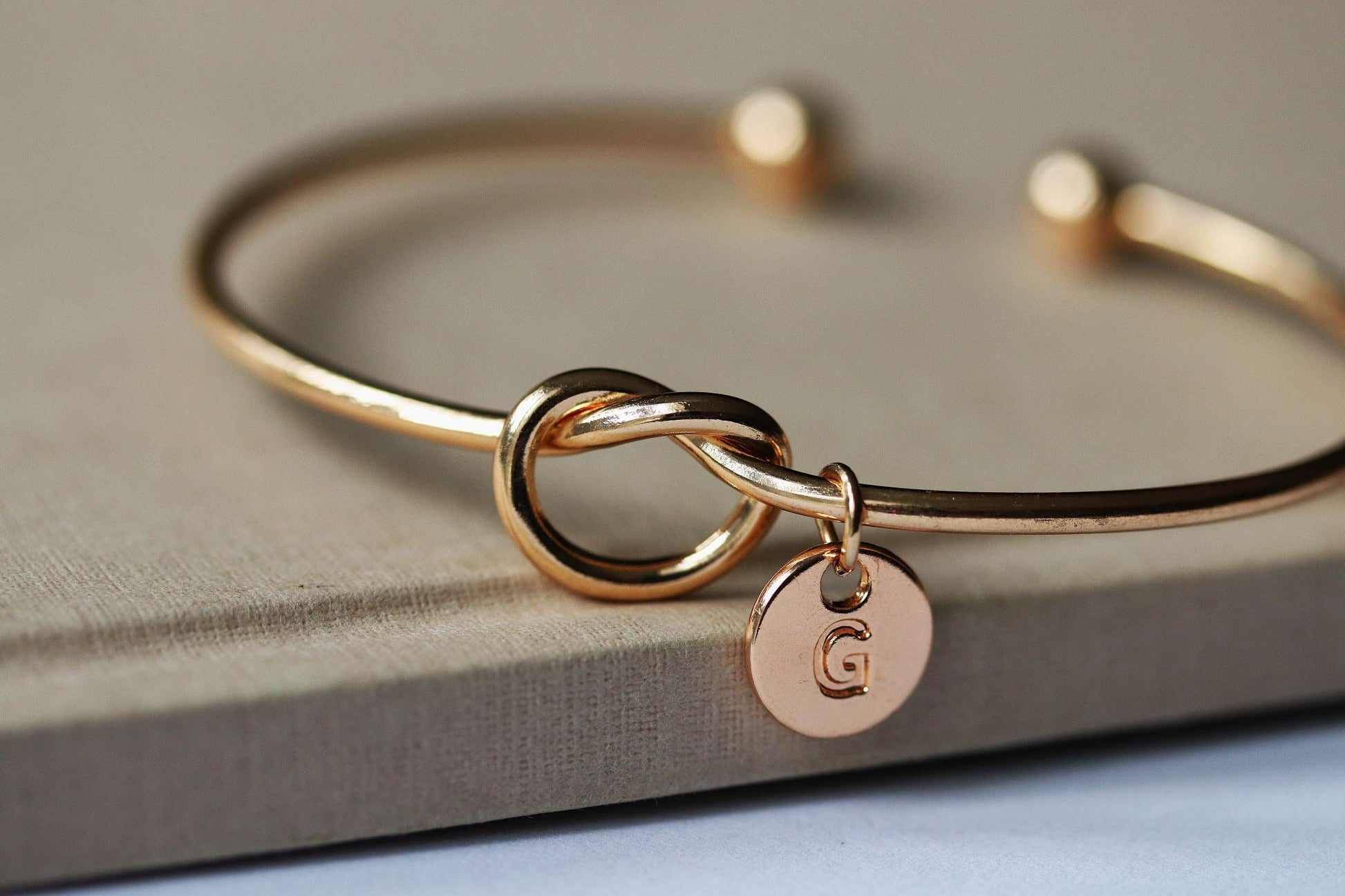 Silver Knot Bangle – Custom Initial Charm Bracelet with Birthstone Gift for Women
