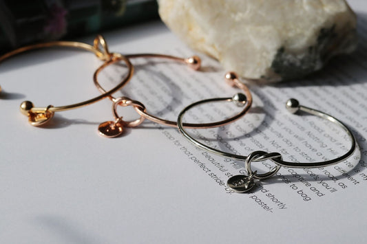 Silver Knot Bangle – Custom Initial Charm Bracelet with Birthstone Gift for Women