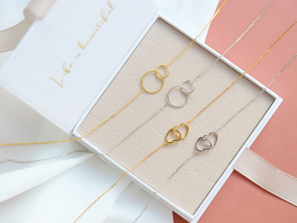 Sterling Silver Big sis & Little sis Necklace, Silver Double Circle Sister Necklace, Gold Interlinked Love Heart Necklace, Birthday Gift