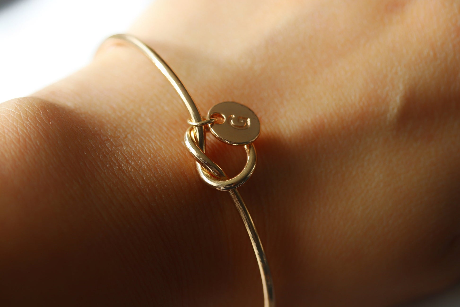 Silver Knot Bangle – Custom Initial Charm Bracelet with Birthstone Gift for Women