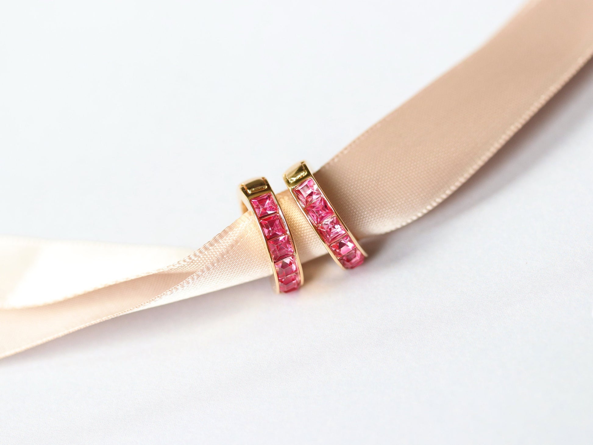 Gold October Birthstone Earrings: Rose Quartz Swarovski Crystal Huggies, Minimalist Jewellery for Woman