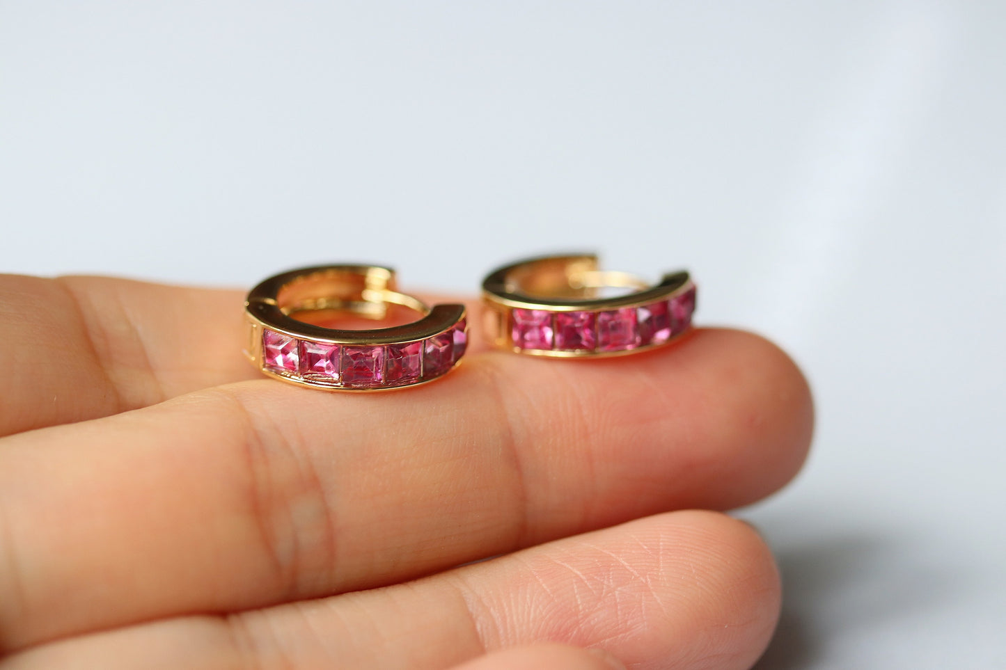 Gold October Birthstone Earrings: Rose Quartz Swarovski Crystal Huggies, Minimalist Jewellery for Woman