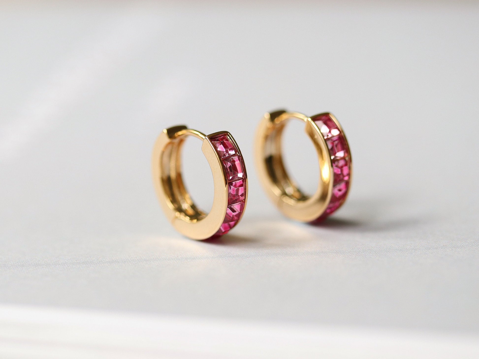 Gold October Birthstone Earrings: Rose Quartz Swarovski Crystal Huggies, Minimalist Jewellery for Woman