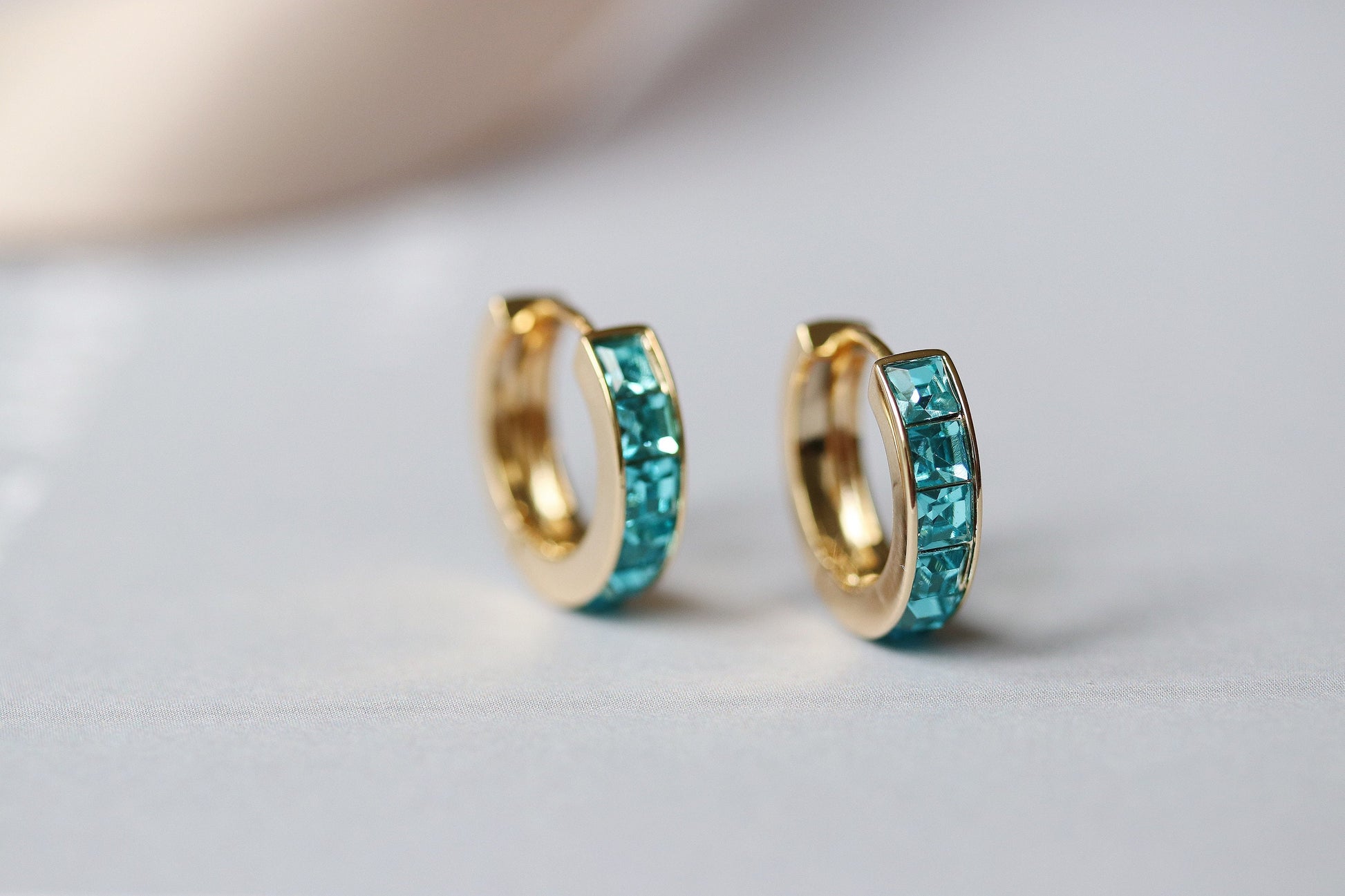 Gold December Birthstone Huggies: Turquoise CZ Crystal Hoop Earrings, Minimalist Earrings for Woman