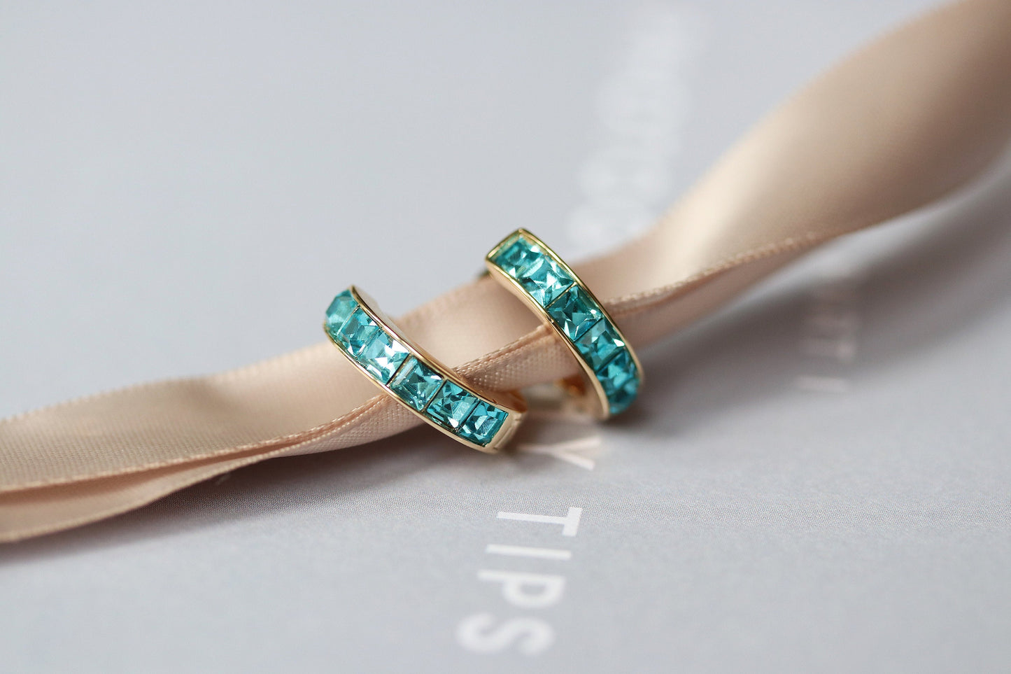 Gold December Birthstone Huggies: Turquoise CZ Crystal Hoop Earrings, Minimalist Earrings for Woman