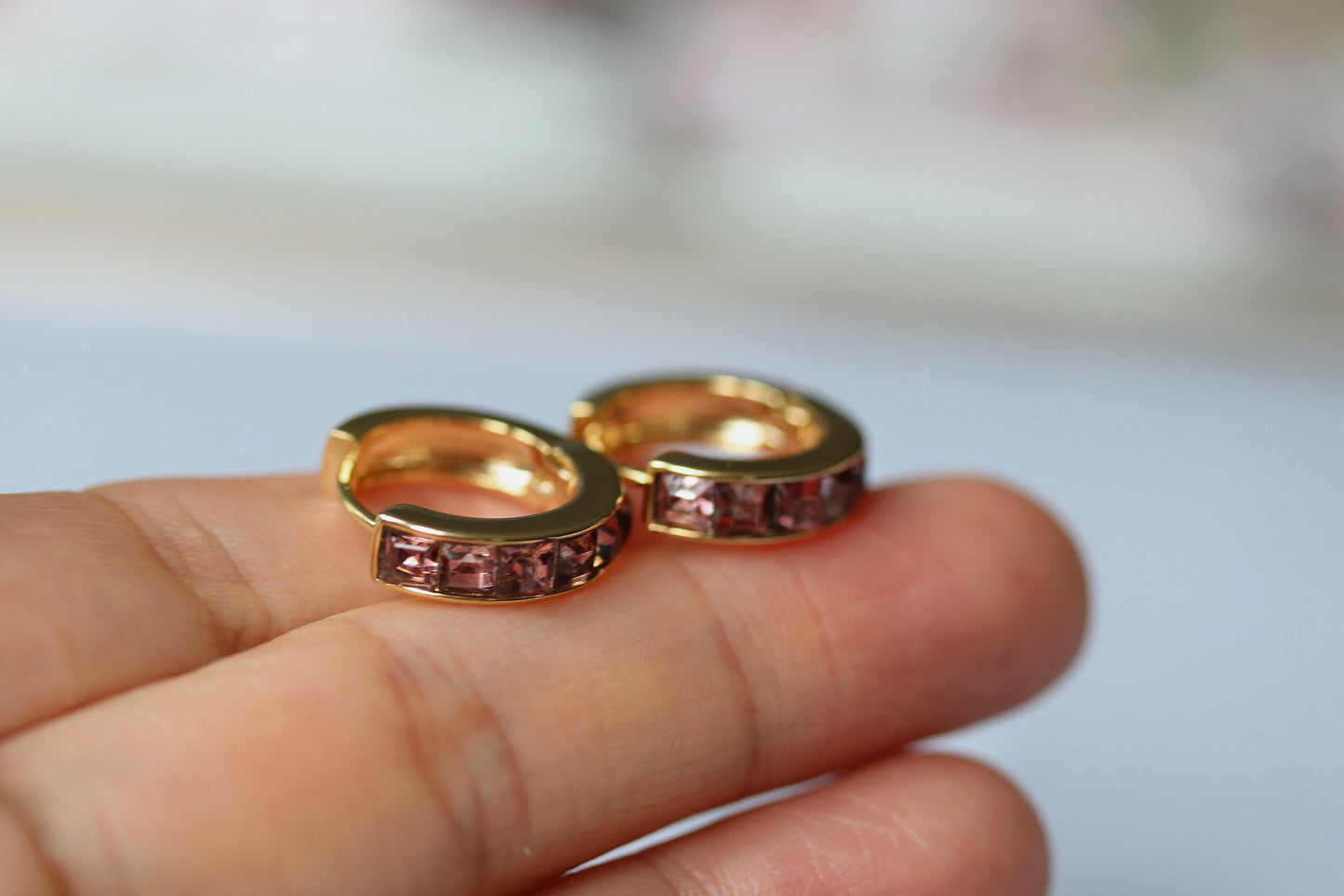 February Birthstone Gold Huggies: Amethyst CZ Crystal Hoop Earrings, Purple Crystal Hoops