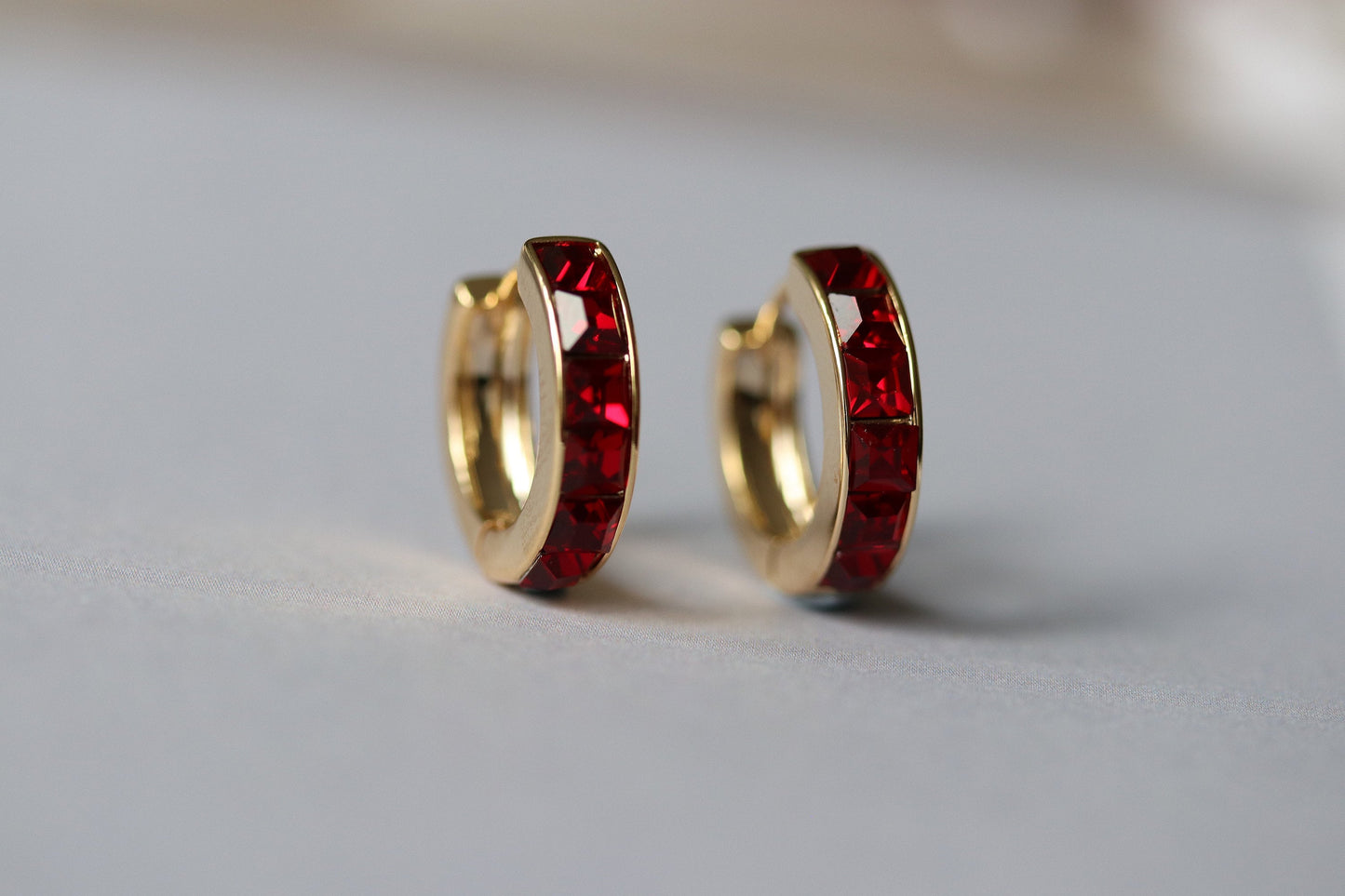 January Birthstone Huggies: Garnet Swarovski Crystal Gold Hoop Earrings, Burgundy CZ Hoops