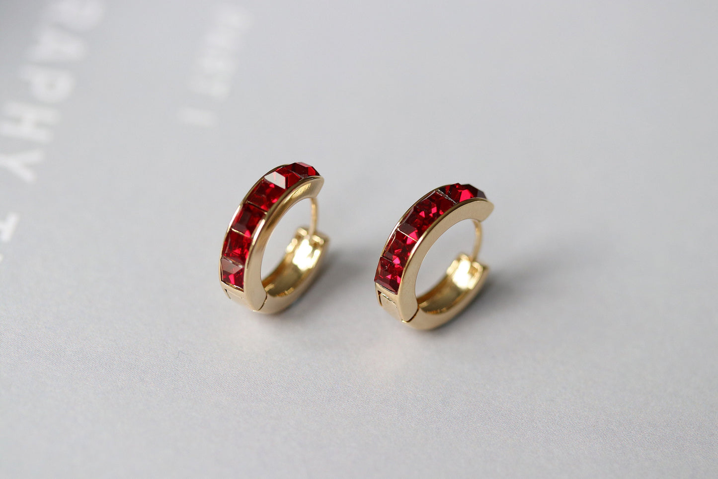 January Birthstone Huggies: Garnet Swarovski Crystal Gold Hoop Earrings, Burgundy CZ Hoops