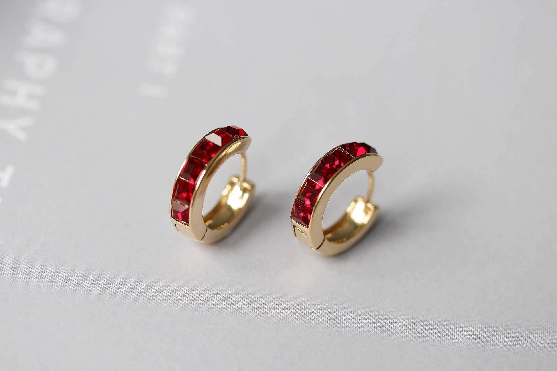 January Birthstone Huggies: Garnet Swarovski Crystal Gold Hoop Earrings, Burgundy CZ Hoops