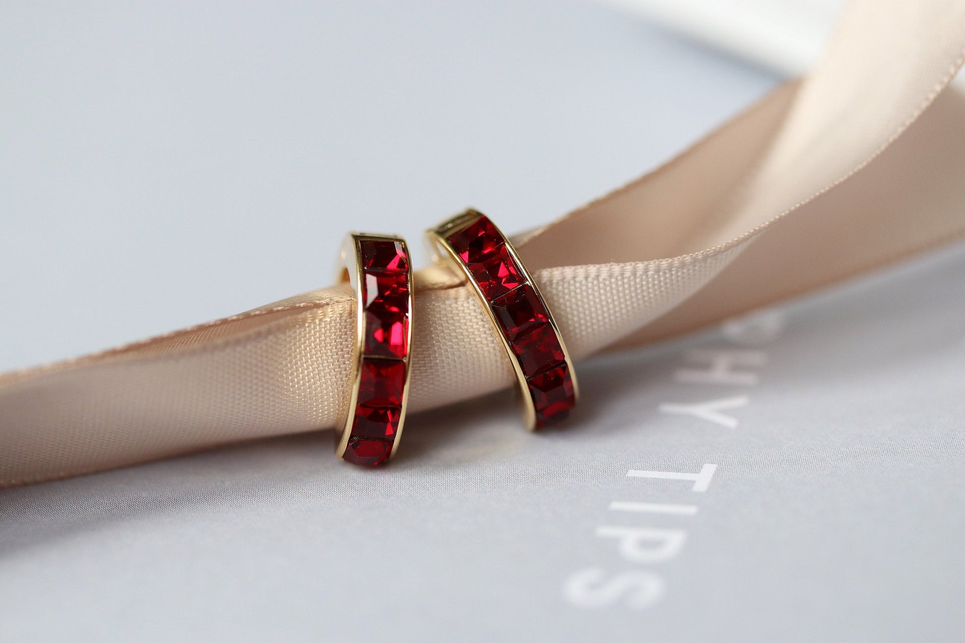 January Birthstone Huggies: Garnet Swarovski Crystal Gold Hoop Earrings, Burgundy CZ Hoops