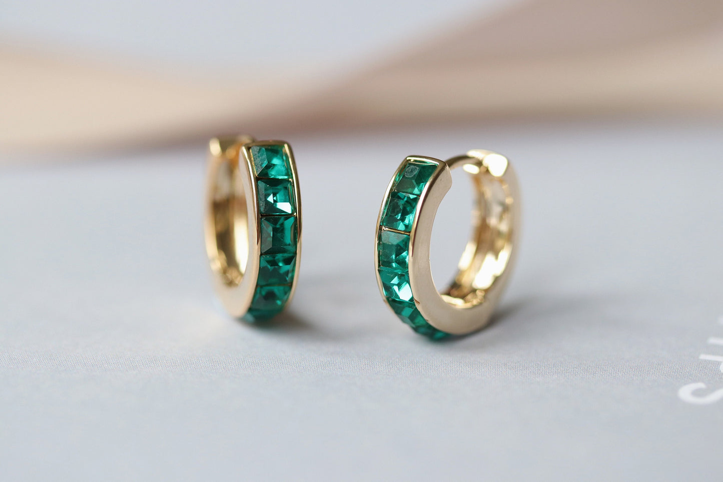 Gold May Birthstone Earrings: Swarovski Emerald Crystal Hoops, Minimalist Huggies for Everyday Wear