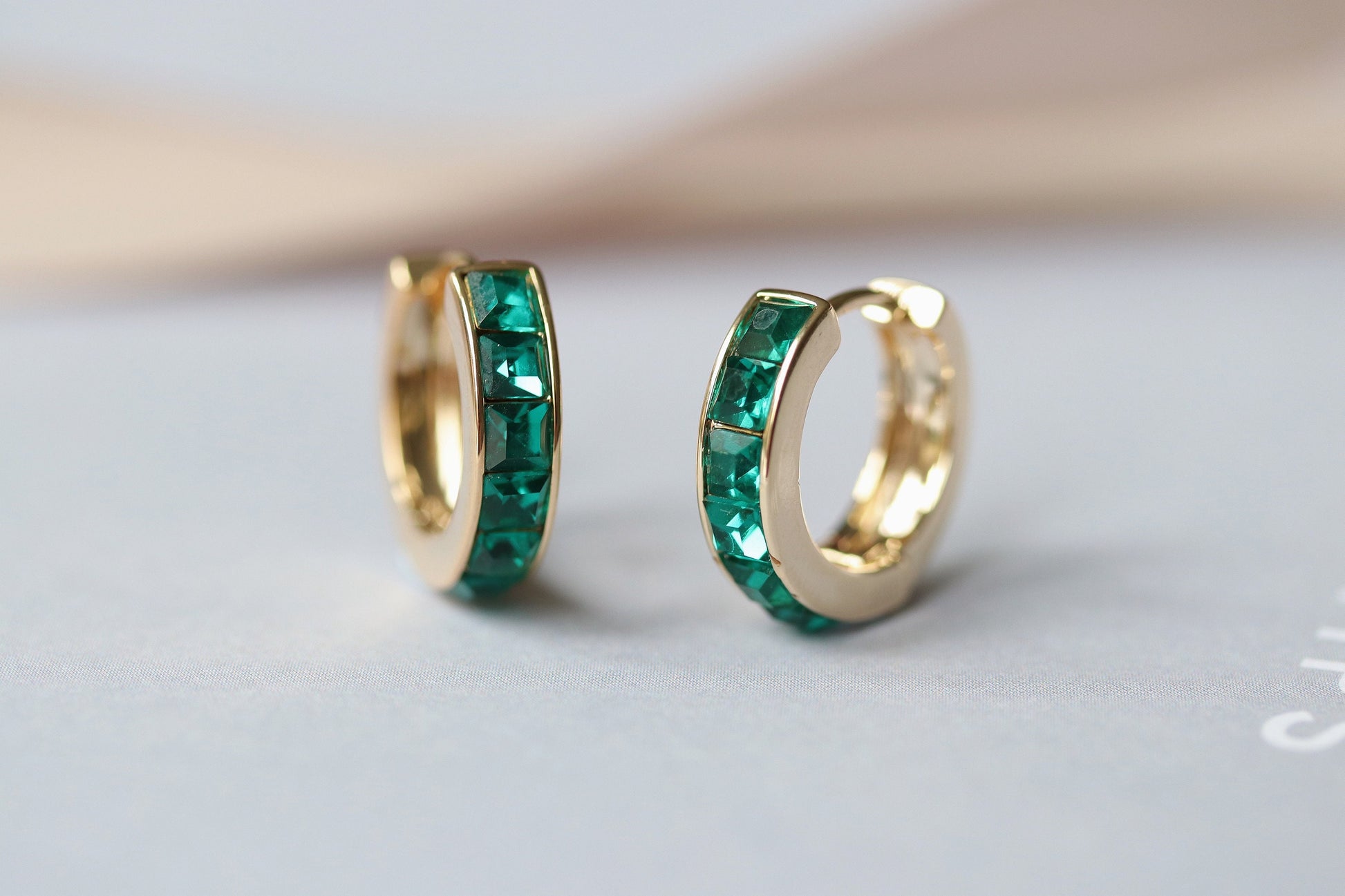 Gold May Birthstone Earrings: Swarovski Emerald Crystal Hoops, Minimalist Huggies for Everyday Wear