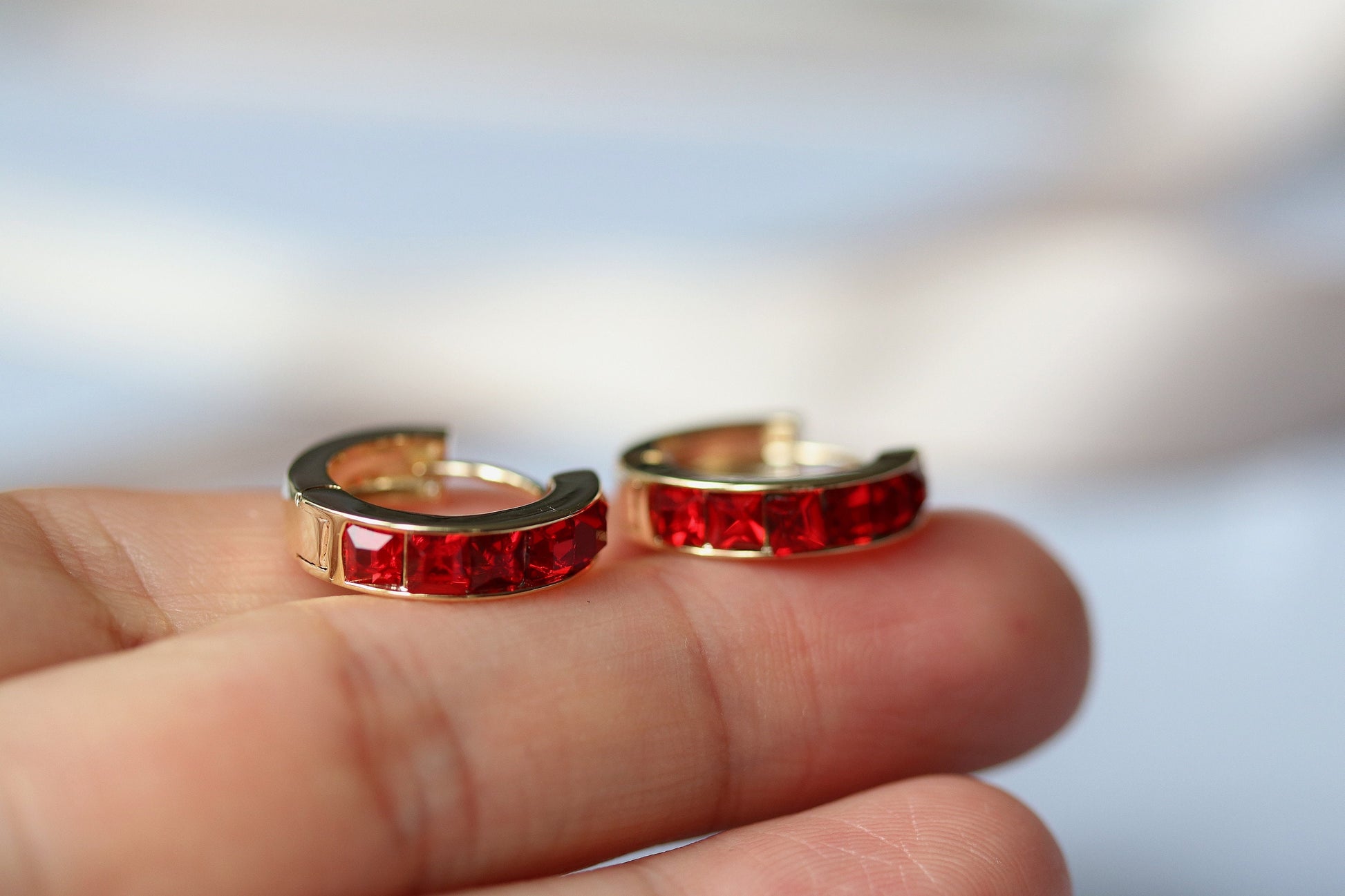 July Birthstone Earrings: Ruby Swarovski Crystal Hoops, 18ct Gold Plated Minimalist Earrings, Birthday Gift Ideas