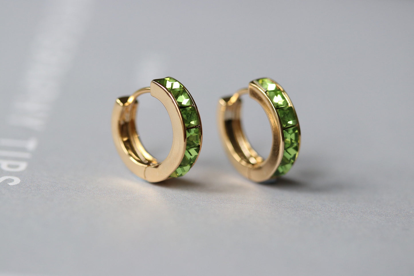 August Birthstone Earrings: Peridot Swarovski Crystal Hoops, 18ct Gold Plated Huggies for Woman