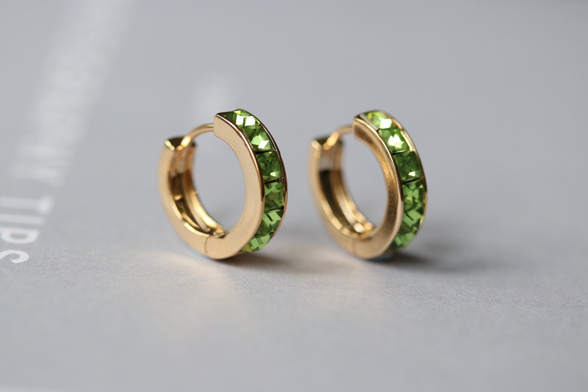 August Birthstone Earrings: Peridot Swarovski Crystal Hoops, 18ct Gold Plated Huggies for Woman