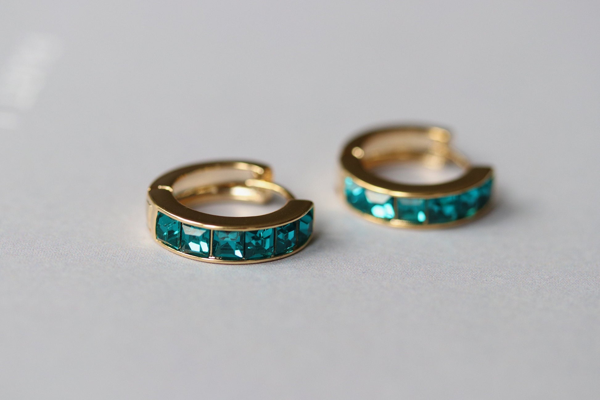 March Birthstone Earrings: Aqua CZ Crystal Hoops, Gold Plated Birthday Jewellery