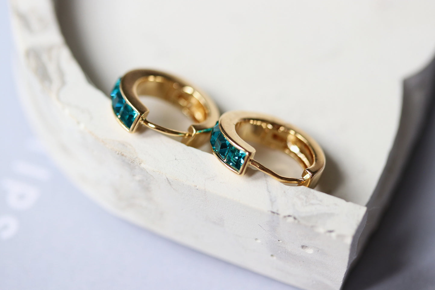 March Birthstone Earrings: Aqua CZ Crystal Hoops, Gold Plated Birthday Jewellery