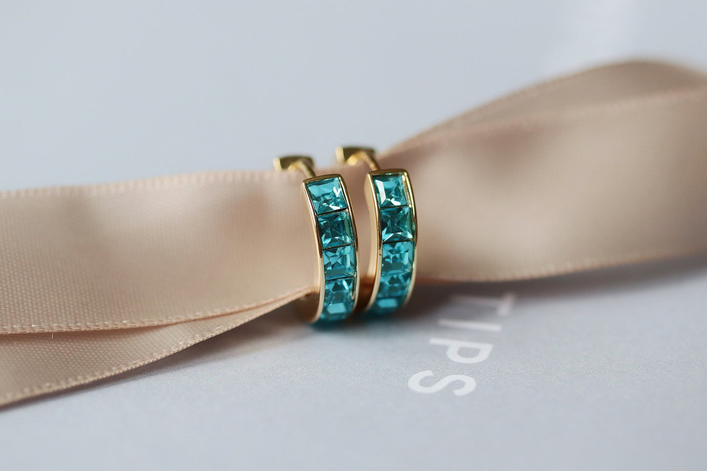 Gold December Birthstone Huggies: Turquoise CZ Crystal Hoop Earrings, Minimalist Earrings for Woman