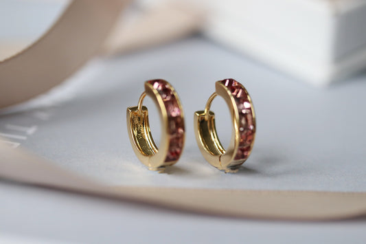 February Birthstone Gold Huggies: Amethyst CZ Crystal Hoop Earrings, Purple Crystal Hoops