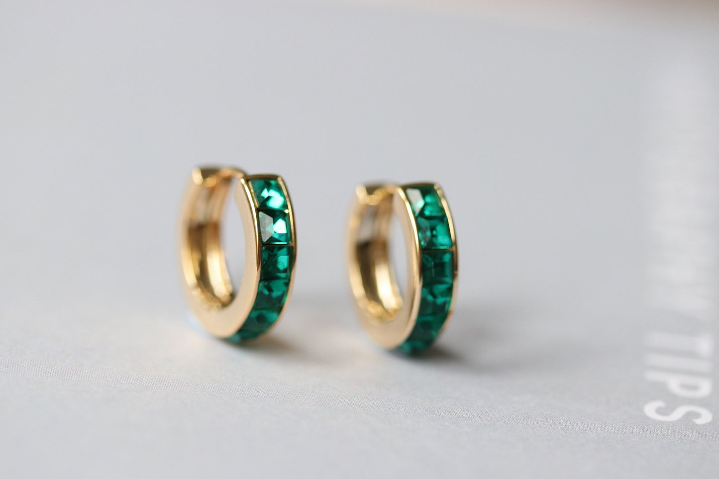 Gold May Birthstone Earrings: Swarovski Emerald Crystal Hoops, Minimalist Huggies for Everyday Wear
