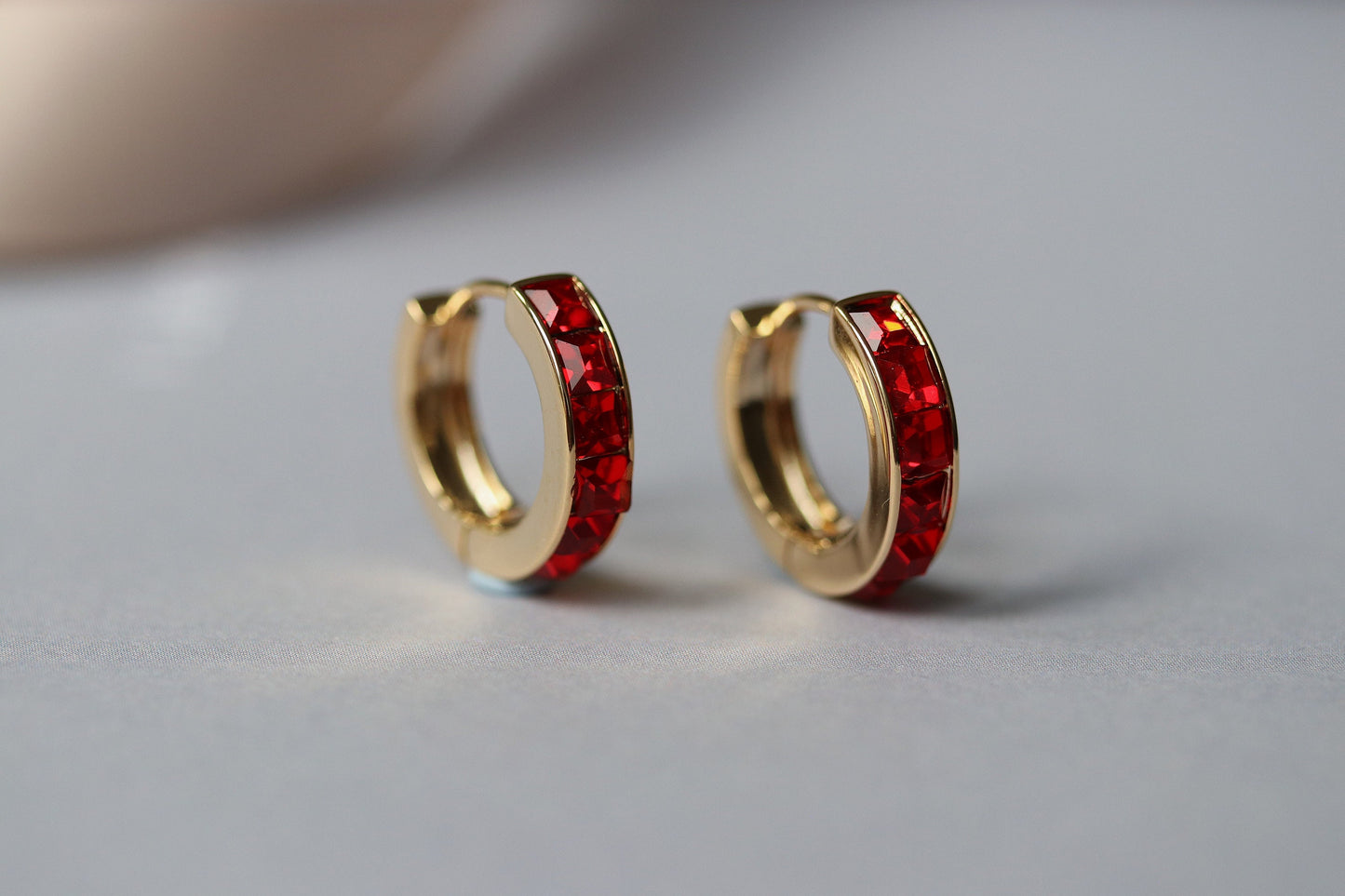 July Birthstone Earrings: Ruby Swarovski Crystal Hoops, 18ct Gold Plated Minimalist Earrings, Birthday Gift Ideas