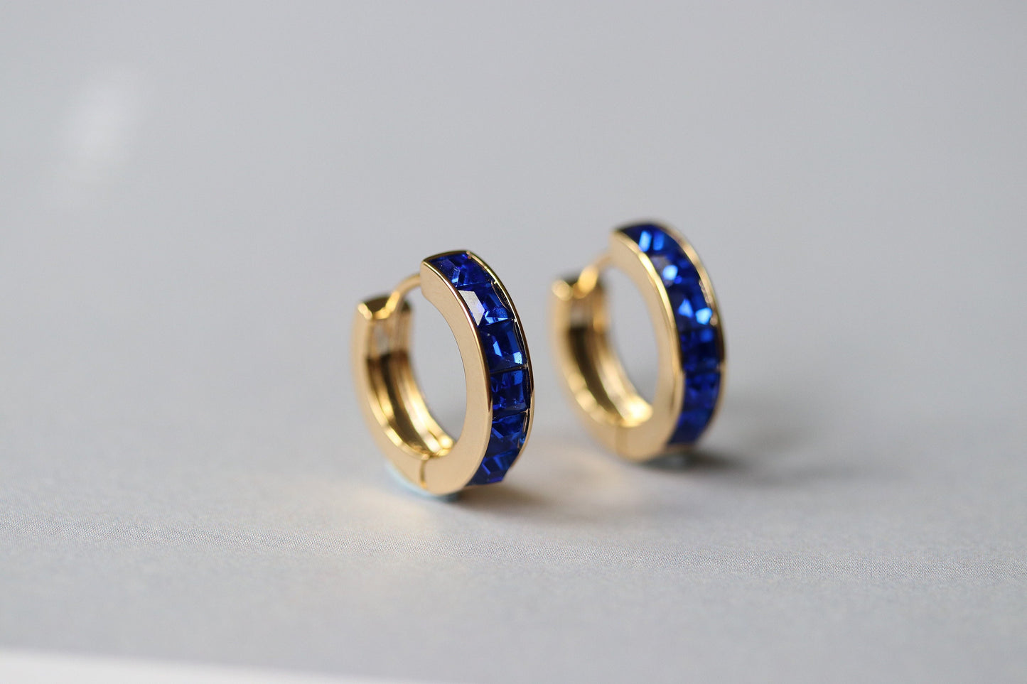 September Birthstone Hoops Earrings: CZ Crystal Gold Sapphire Huggies, Minimalist Jewellery for Woman