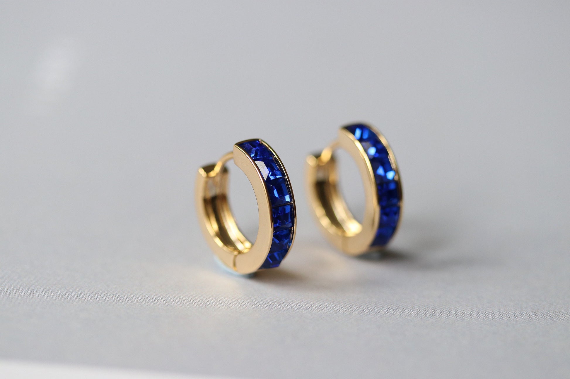 September Birthstone Hoops Earrings: CZ Crystal Gold Sapphire Huggies, Minimalist Jewellery for Woman