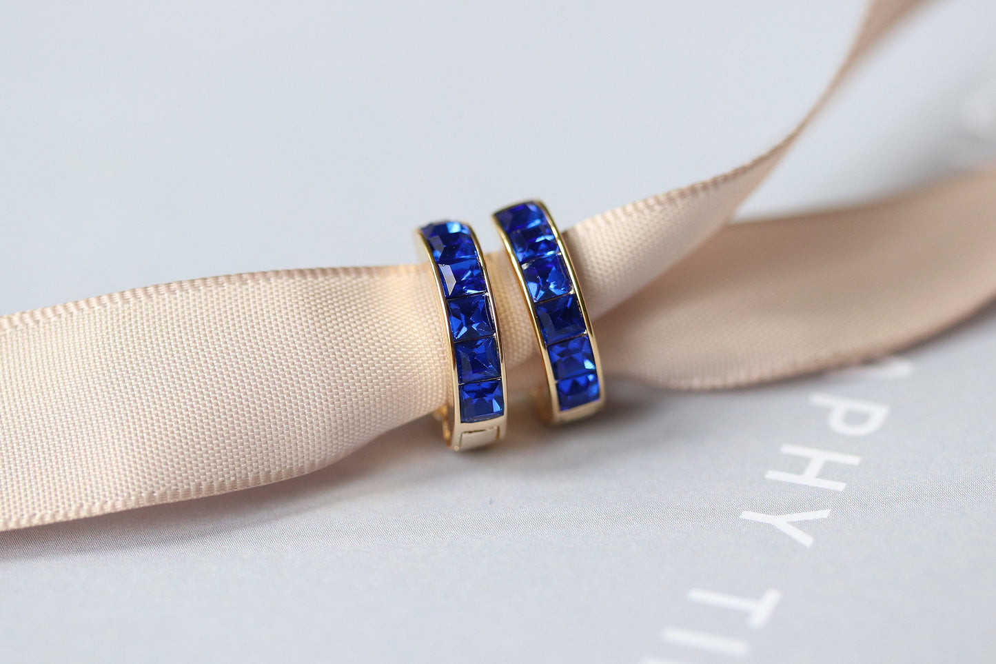 September Birthstone Hoops Earrings: CZ Crystal Gold Sapphire Huggies, Minimalist Jewellery for Woman