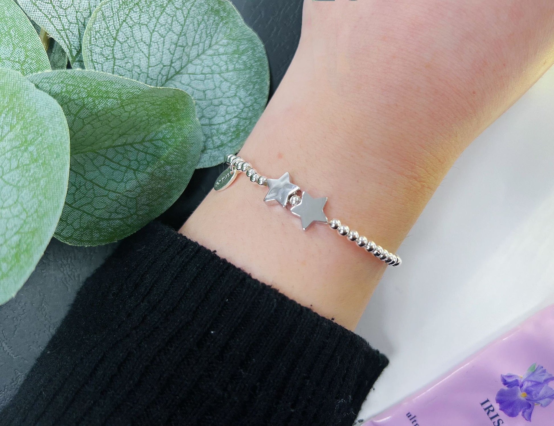 Silver Beads Double Star Kids Bracelet, Silver Woman Elastic beaded Bracelet Size S, Christmas Sentimental Kids Gift For Her,Stocking Filler