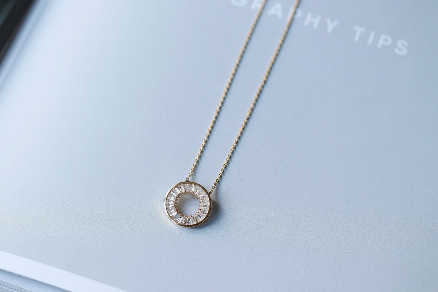 Gold Minimalist CZ Open Circle Necklace – CZ Pave Disc Pendant, Jewelry for Women