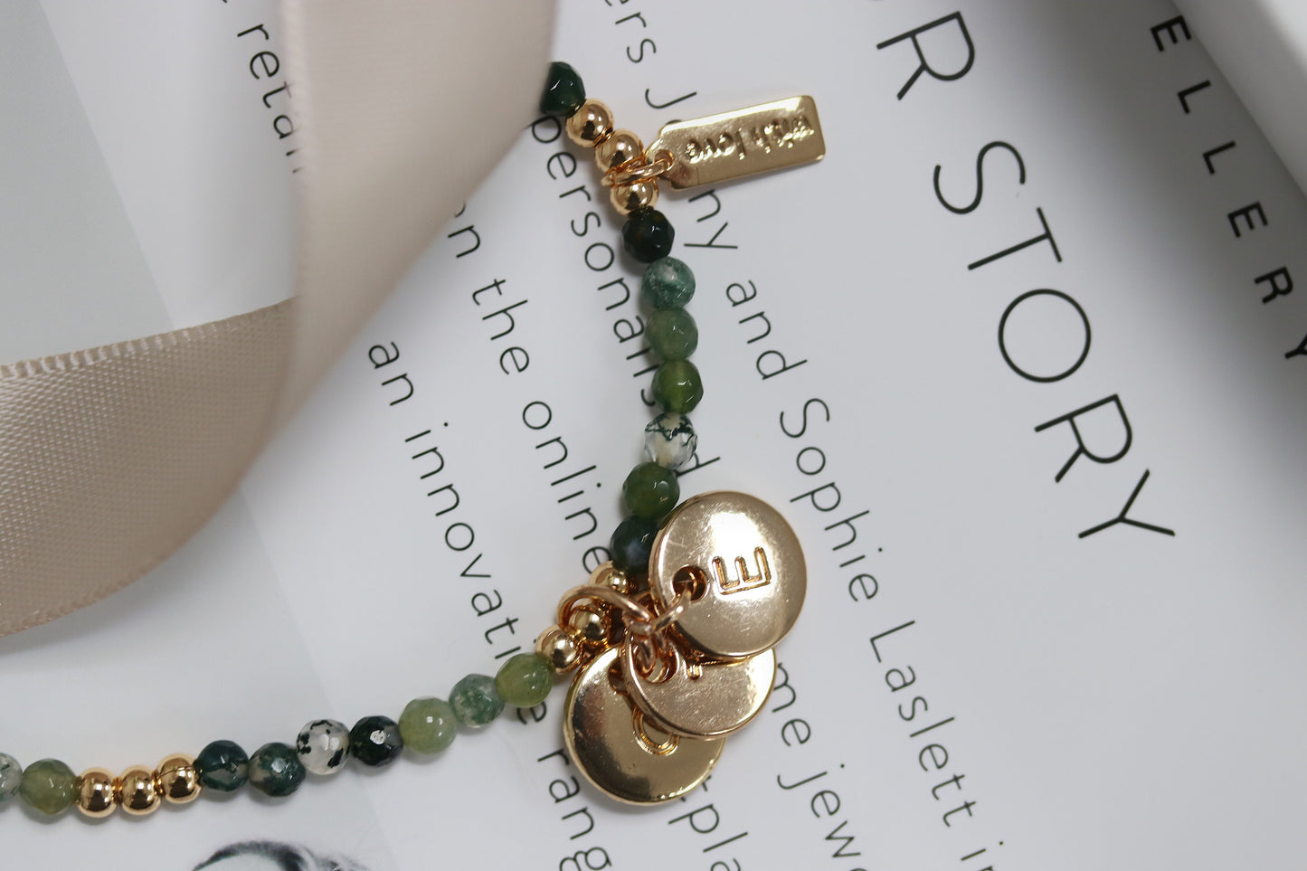 Personalized Name Bracelet for Christmas: Gold Initial Charm, 3mm Emerald Beaded Bangle, Crystal May Birthstone