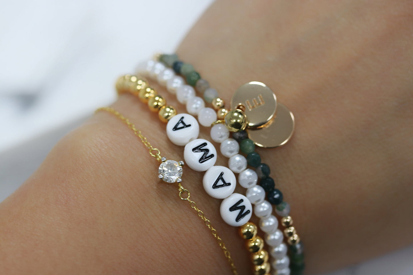 Personalized Name Bracelet for Christmas: Gold Initial Charm, 3mm Emerald Beaded Bangle, Crystal May Birthstone