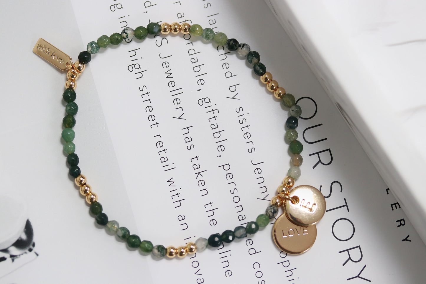 Personalized Name Bracelet for Christmas: Gold Initial Charm, 3mm Emerald Beaded Bangle, Crystal May Birthstone