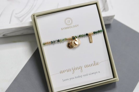 Personalized Name Bracelet for Christmas: Gold Initial Charm, 3mm Emerald Beaded Bangle, Crystal May Birthstone