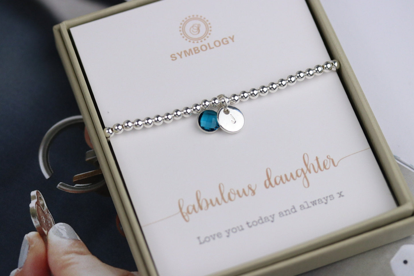 Custom Birthstone Bracelet – Silver Plated Beaded Bangle with Initial Charm Gift for Women for Christmas
