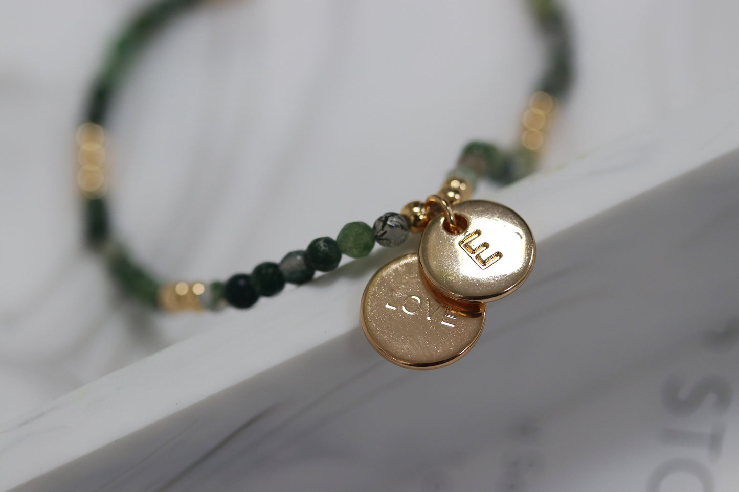 Personalized Name Bracelet for Christmas: Gold Initial Charm, 3mm Emerald Beaded Bangle, Crystal May Birthstone