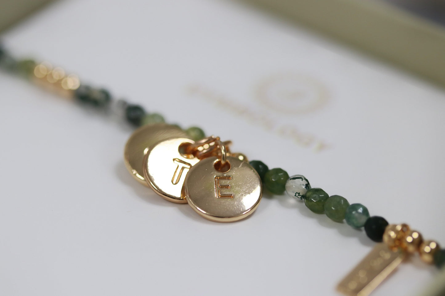 Personalized Name Bracelet for Christmas: Gold Initial Charm, 3mm Emerald Beaded Bangle, Crystal May Birthstone