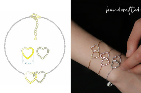 Silver Handmade Love Heart Bracelet, Friendship Bracelet set, Personalised CZ Pave Bestie Bracelet for Sister/Friend/Graduation Gift for Her