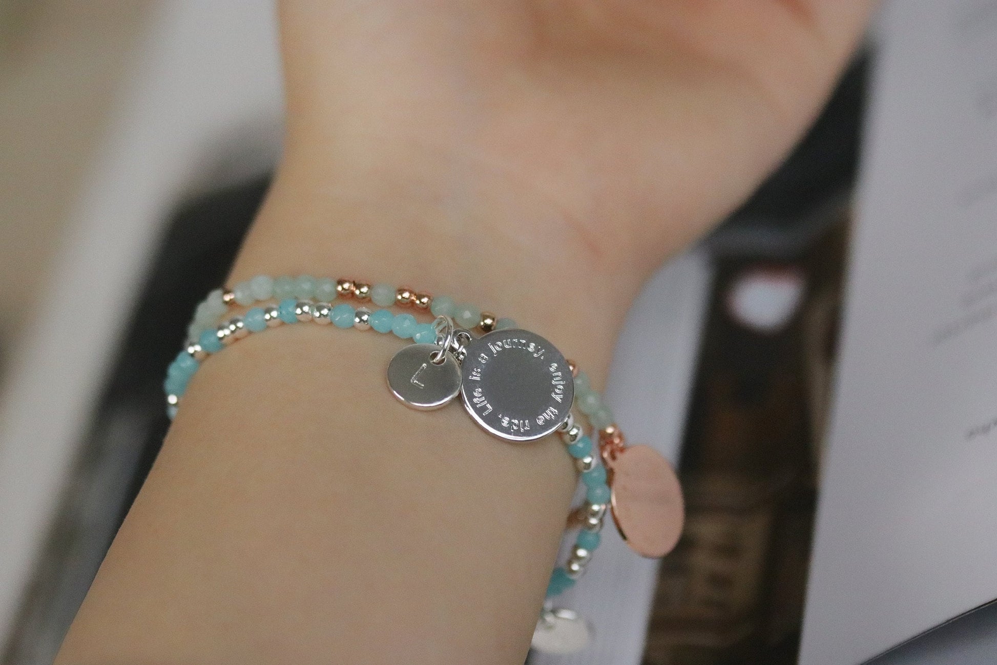 Personalised Initial Bracelet, Customised Alphabet Bracelet, Silver Blue Quartz Beads Elastic Bracelet, Daughter Birthday Gift for Her