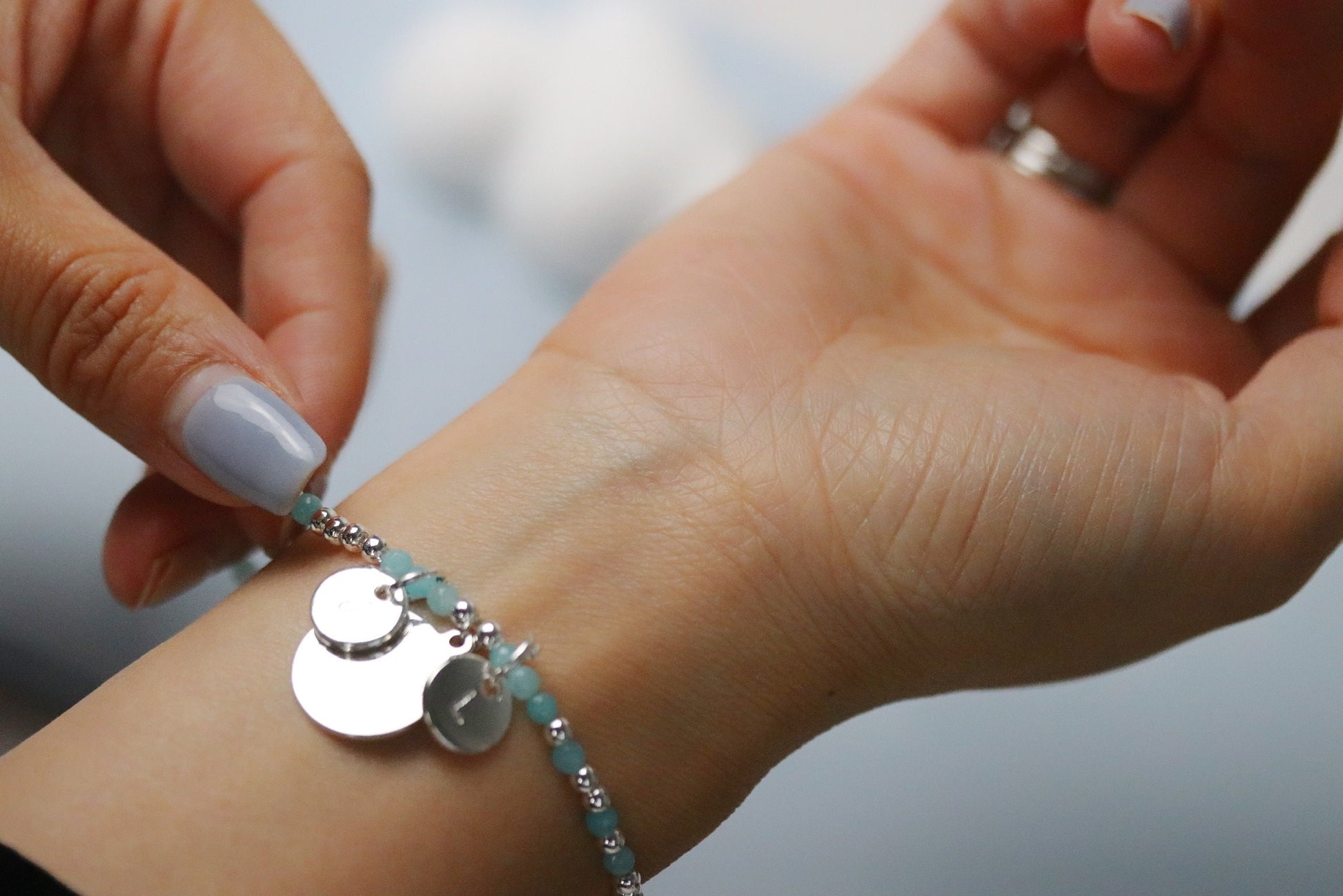 Personalised Initial Bracelet, Customised Alphabet Bracelet, Silver Blue Quartz Beads Elastic Bracelet, Daughter Birthday Gift for Her