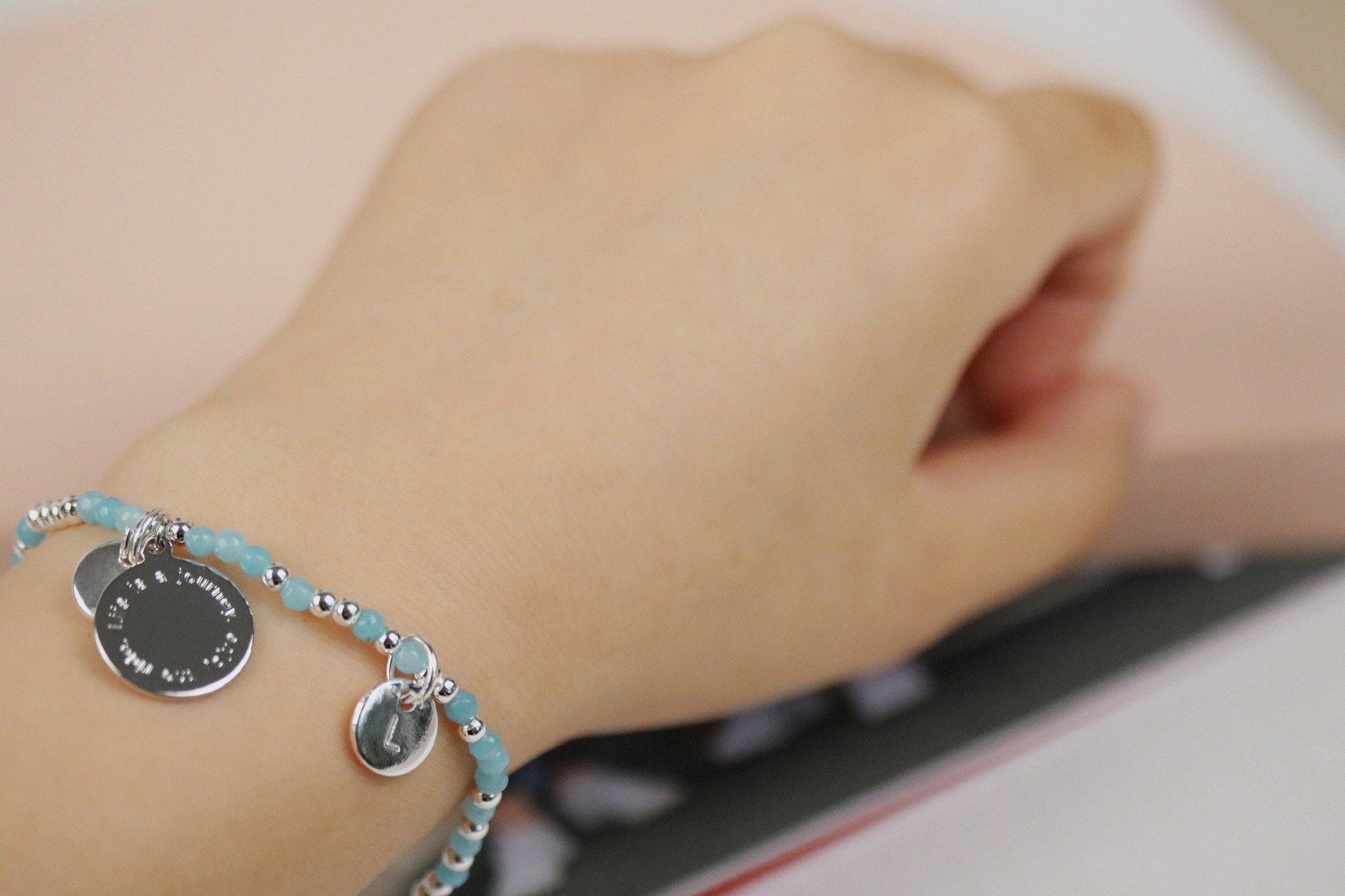Personalised Initial Bracelet, Customised Alphabet Bracelet, Silver Blue Quartz Beads Elastic Bracelet, Daughter Birthday Gift for Her