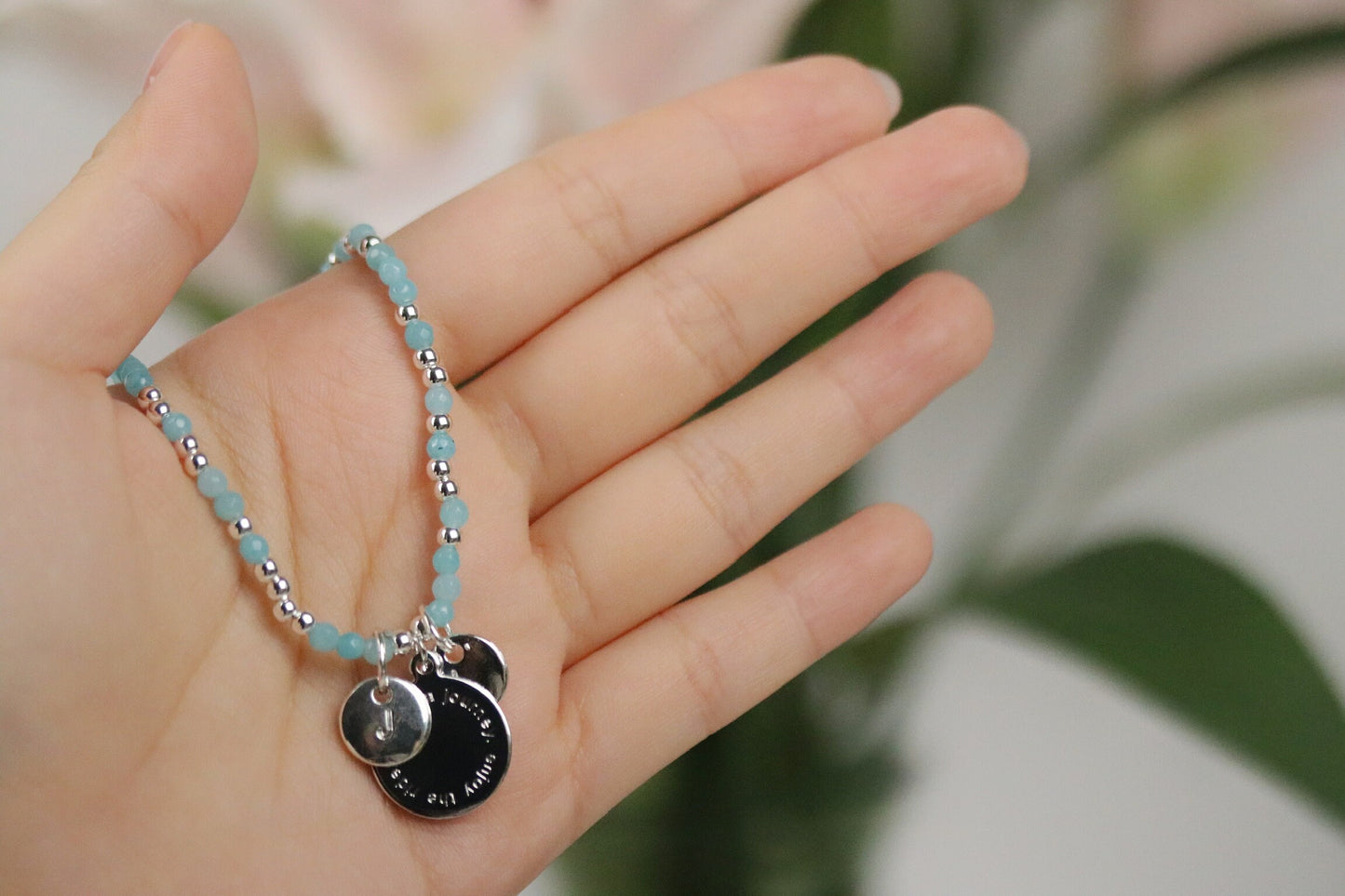 Personalised Initial Bracelet, Customised Alphabet Bracelet, Silver Blue Quartz Beads Elastic Bracelet, Daughter Birthday Gift for Her