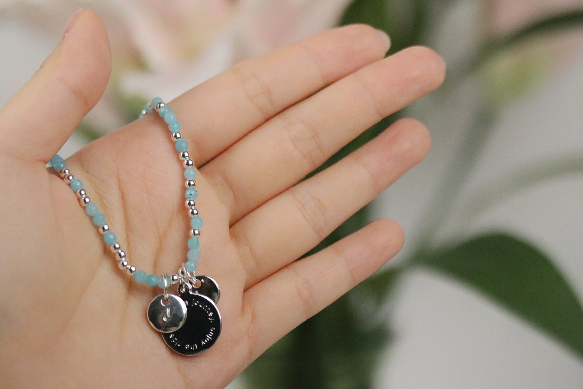 Personalised Initial Bracelet, Customised Alphabet Bracelet, Silver Blue Quartz Beads Elastic Bracelet, Daughter Birthday Gift for Her