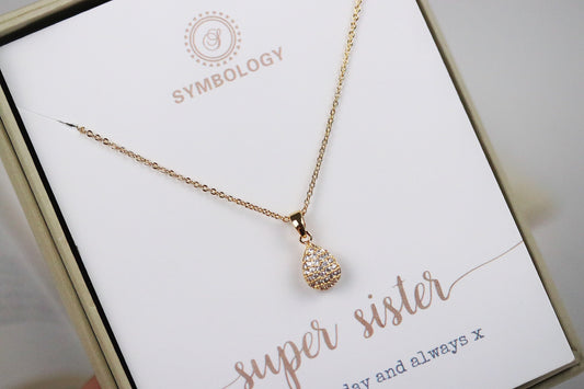 Sister Gift / Bestie Necklace / Cubic Zirconia Teardrop Necklace for Women / Silver or Gold Pendant /Birthday Gift for Her /Sentimental Gift